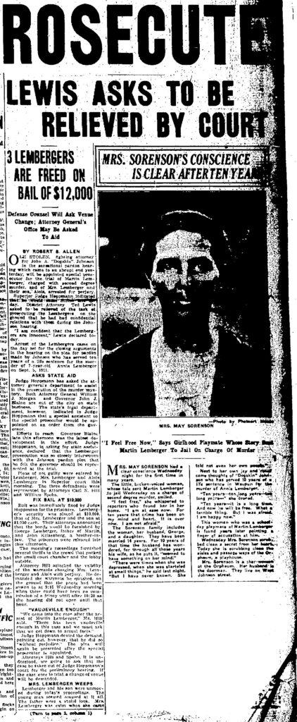 Article on Mae Sorenson testimony in the Lemberger case, text not transcribed