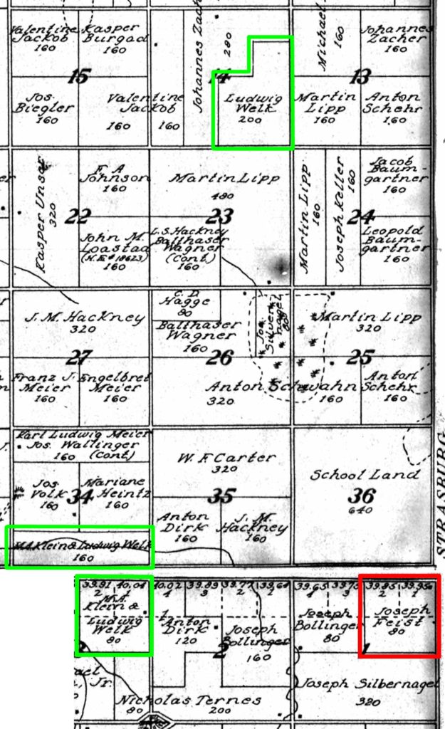 Map showing locations of the Ludwig Welk and Joseph Feist farms